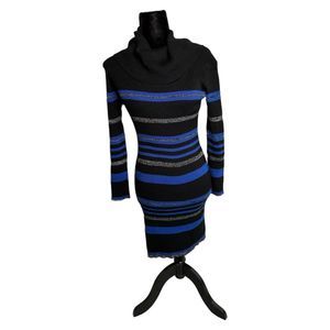 Connected Apparel Blue and Black Striped Sweater Dress, Small, Pre-owned